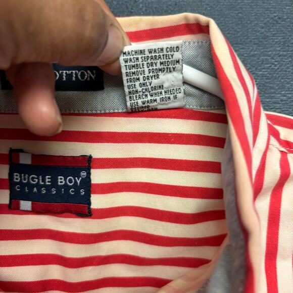Vintage 90s Bugle Boy Shirt Train Conductor Stripes Logo Embroidered Grunge Y2K - Picture 7 of 11